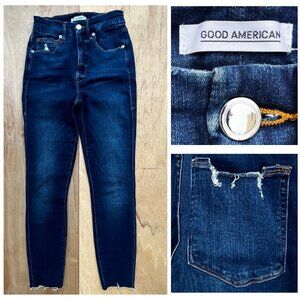 GOOD AMERICAN GOOD WAIST FRAYED HEM Women’s Mid Rise Stretch Jeans sz 0/25